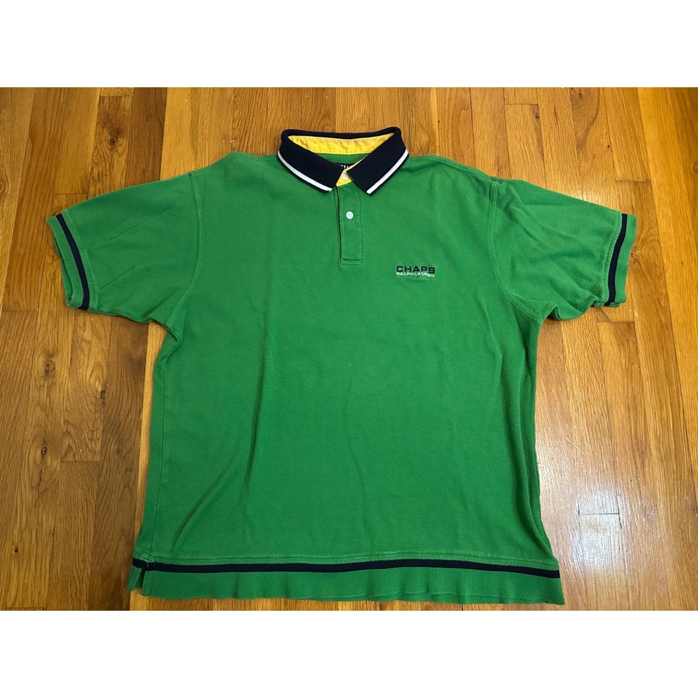 Vintage Chaps Ralph Lauren Mens Green Polo Shirt Medium Short Sleeve Striped